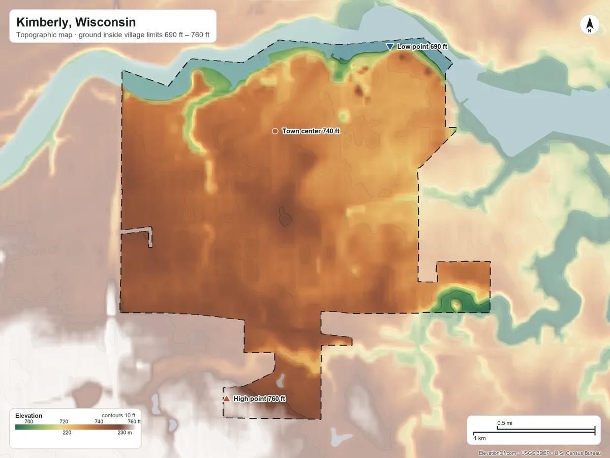Topographic elevation map of Kimberly, Wisconsin, shaded from 690 ft on the northeast side to 760 ft on the south side