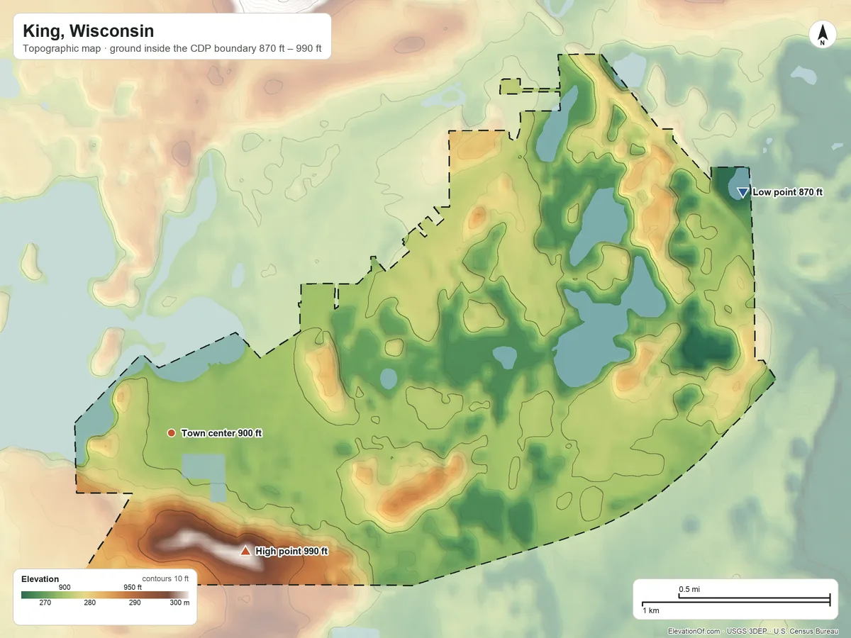 Topographic elevation map of King, Wisconsin, shaded from 870 ft on the northeast side to 990 ft on the southeast side