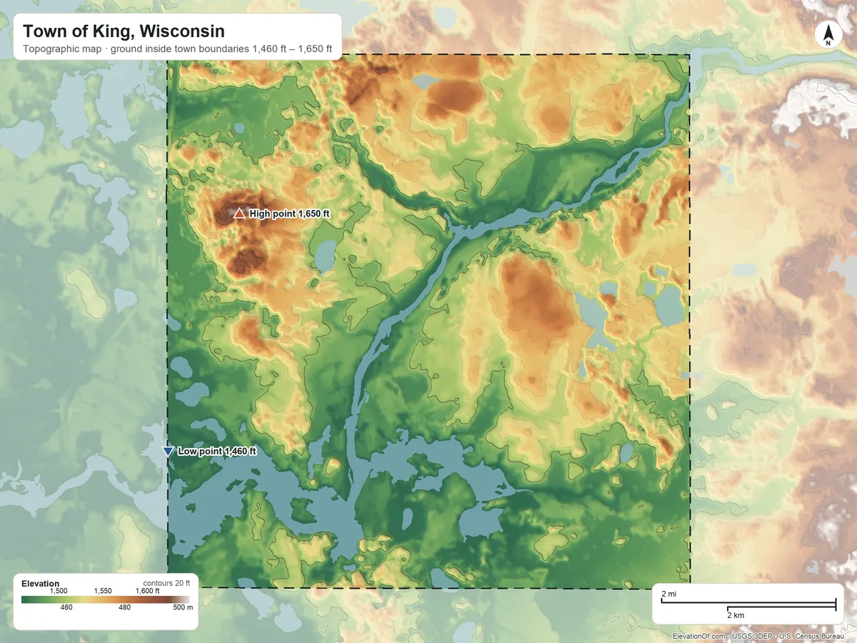 Topographic elevation map of Town of King, Wisconsin, shaded from 1,460 ft on the west side to 1,650 ft on the northwest side