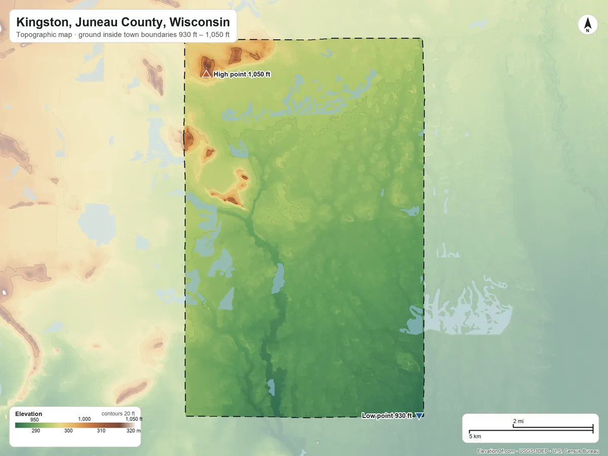 Topographic elevation map of Kingston, Juneau County, Wisconsin, shaded from 930 ft on the southeast side to 1,050 ft on the north side