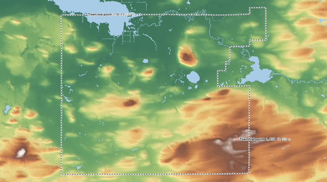 Topographic elevation map of Kingston, Wisconsin, shaded from 770 ft on the northwest side to 1,050 ft on the southeast side