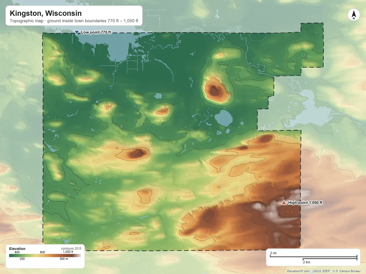 Topographic elevation map of Kingston, Wisconsin, shaded from 770 ft on the northwest side to 1,050 ft on the southeast side