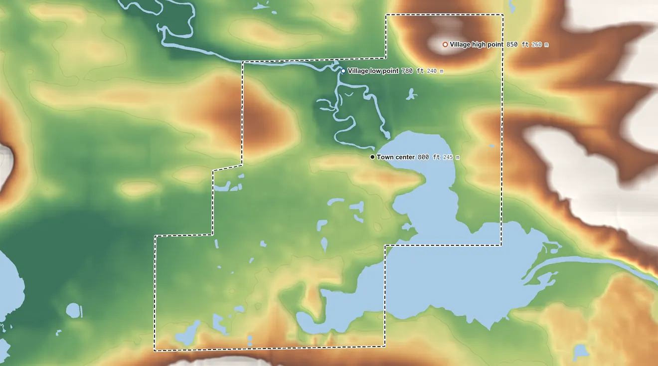 Topographic elevation map of Village of Kingston, Wisconsin, shaded from 780 ft on the north side to 850 ft on the northeast side