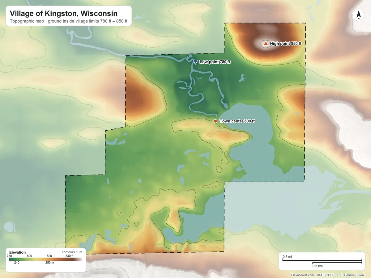 Topographic elevation map of Village of Kingston, Wisconsin, shaded from 780 ft on the north side to 850 ft on the northeast side