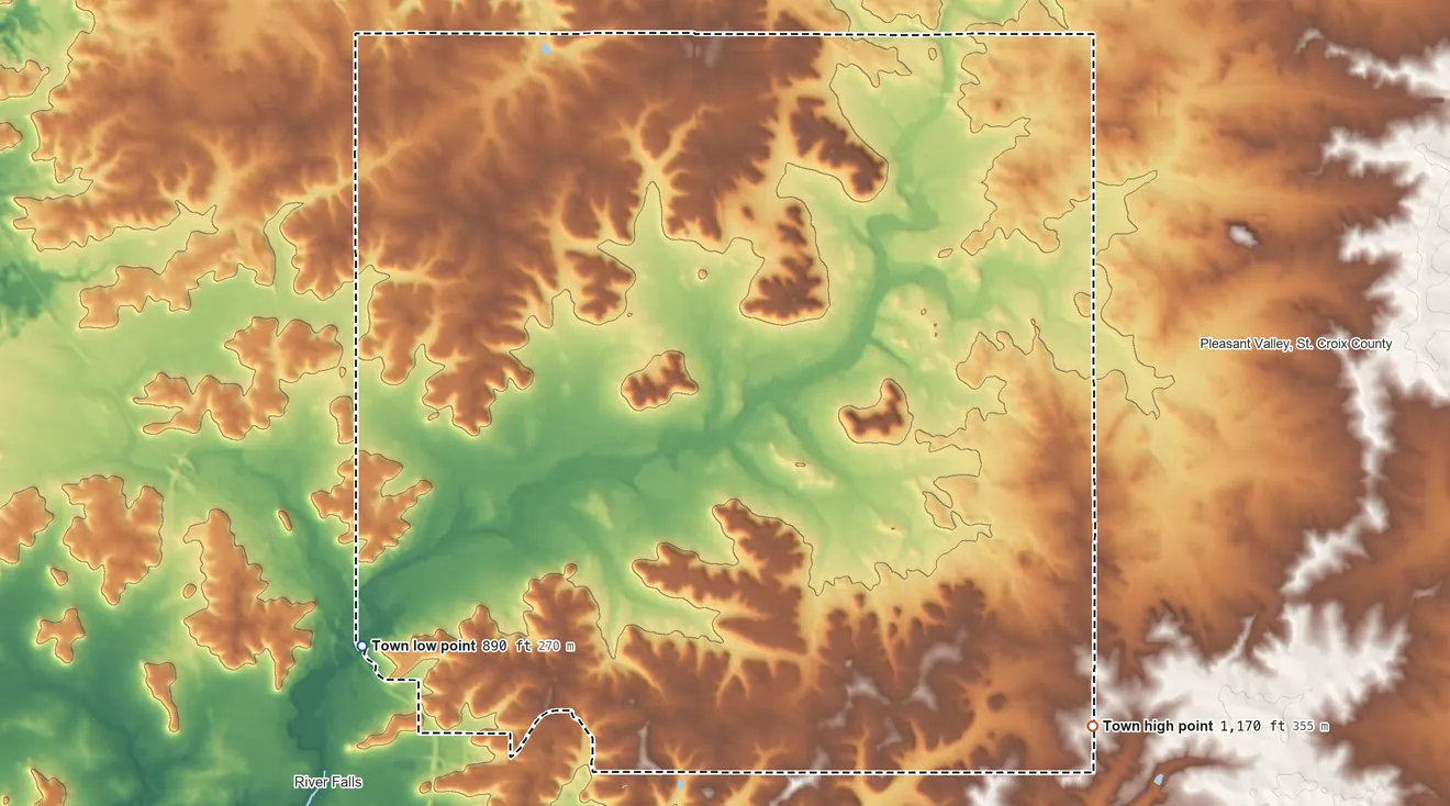 Topographic elevation map of Kinnickinnic, Wisconsin, shaded from 890 ft on the southwest side to 1,170 ft on the southeast side