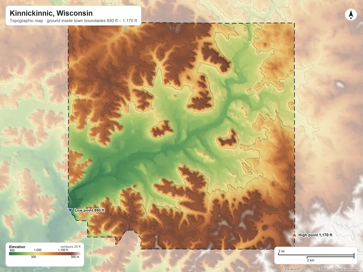 Topographic elevation map of Kinnickinnic, Wisconsin, shaded from 890 ft on the southwest side to 1,170 ft on the southeast side
