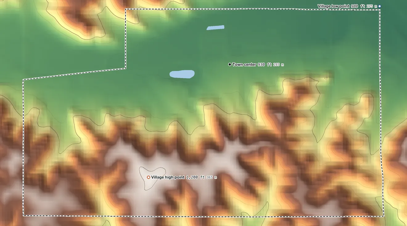Topographic elevation map of Knapp, Wisconsin, shaded from 900 ft on the east side to 1,200 ft on the southwest side