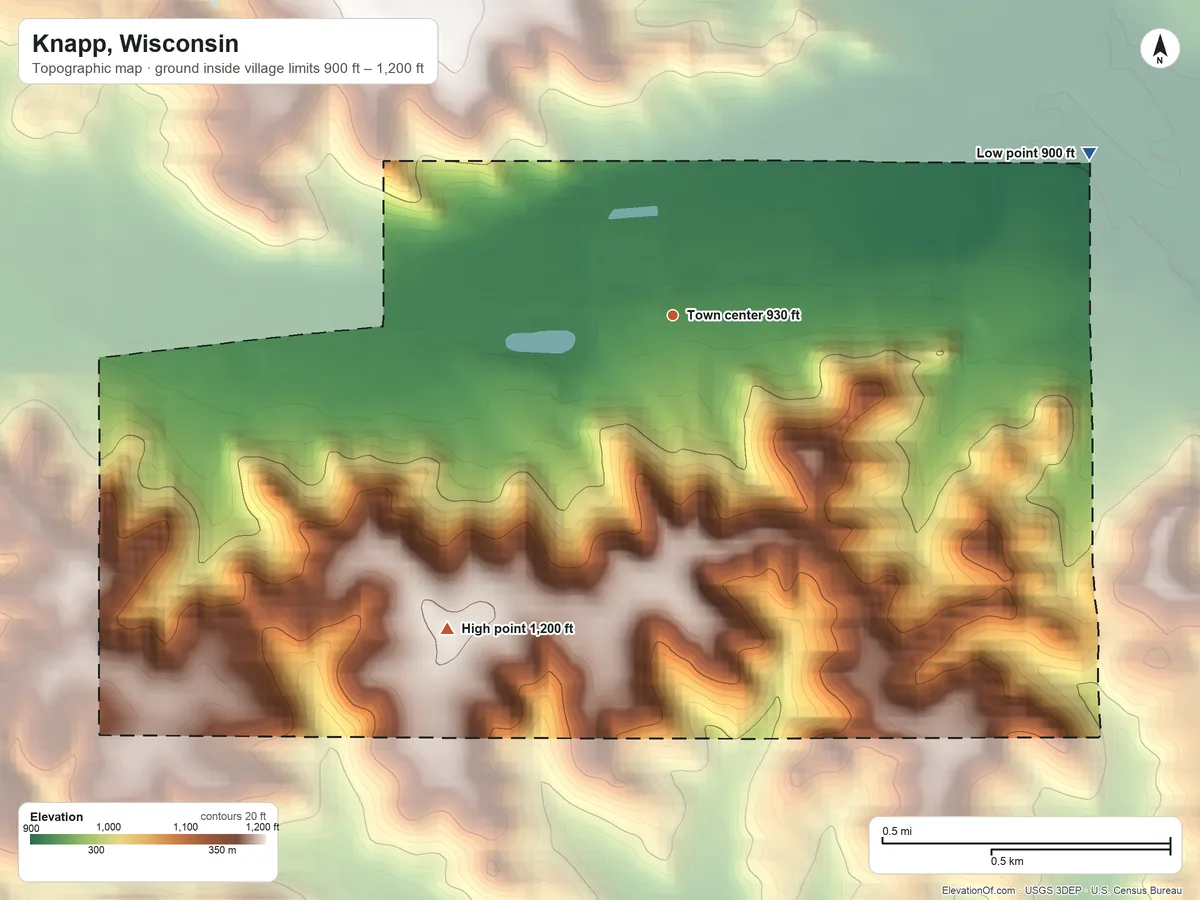 Topographic elevation map of Knapp, Wisconsin, shaded from 900 ft on the east side to 1,200 ft on the southwest side