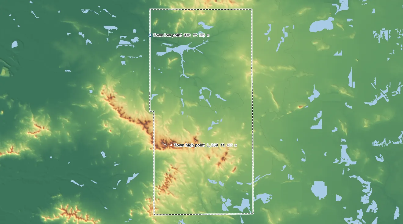 Topographic elevation map of Town of Knapp, Wisconsin, shaded from 930 ft on the north side to 1,360 ft near the middle