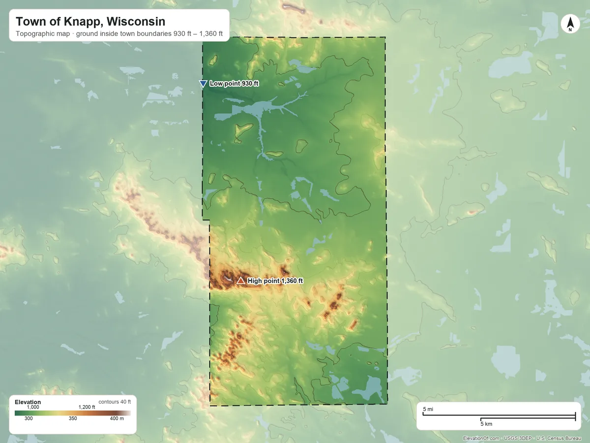Topographic elevation map of Town of Knapp, Wisconsin, shaded from 930 ft on the north side to 1,360 ft near the middle