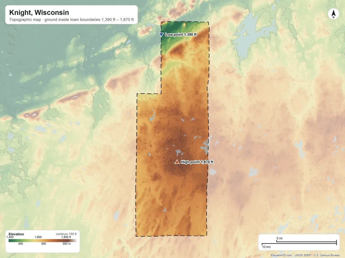 Topographic elevation map of Knight, Wisconsin, shaded from 1,390 ft on the west side to 1,870 ft on the south side