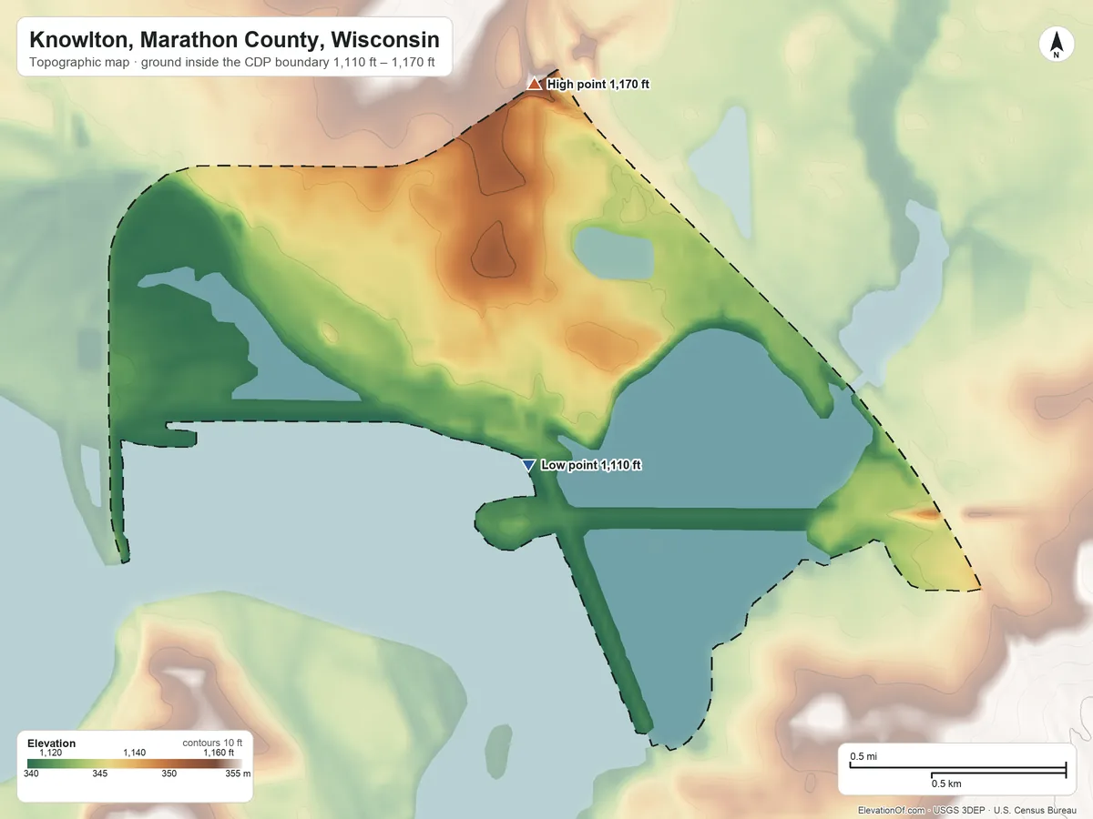 Topographic elevation map of Knowlton, Marathon County, Wisconsin, shaded from 1,110 ft near the middle to 1,170 ft on the north side
