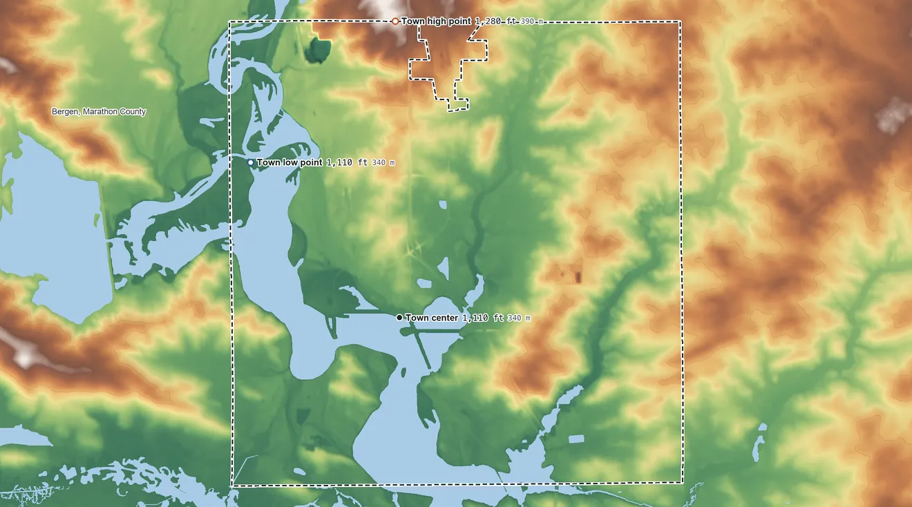 Topographic elevation map of Knowlton, Wisconsin, shaded from 1,110 ft on the northwest side to 1,280 ft on the north side