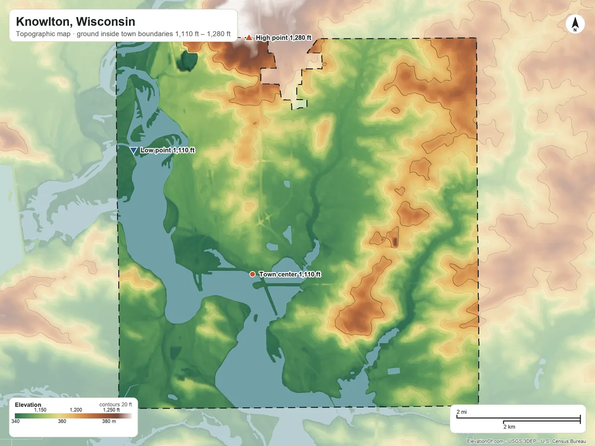 Topographic elevation map of Knowlton, Wisconsin, shaded from 1,110 ft on the northwest side to 1,280 ft on the north side