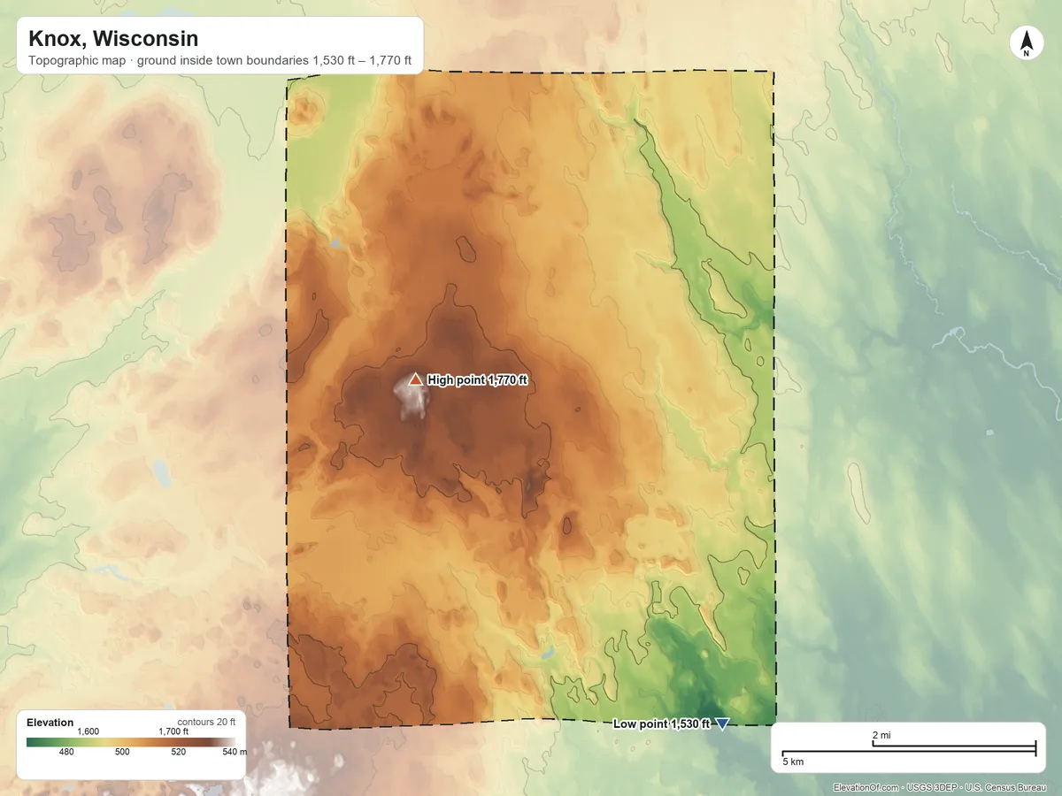 Topographic elevation map of Knox, Wisconsin, shaded from 1,530 ft on the southeast side to 1,770 ft on the west side