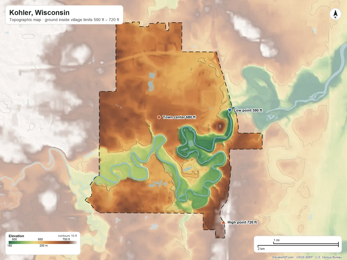 Topographic elevation map of Kohler, Wisconsin, shaded from 590 ft on the east side to 720 ft on the southeast side