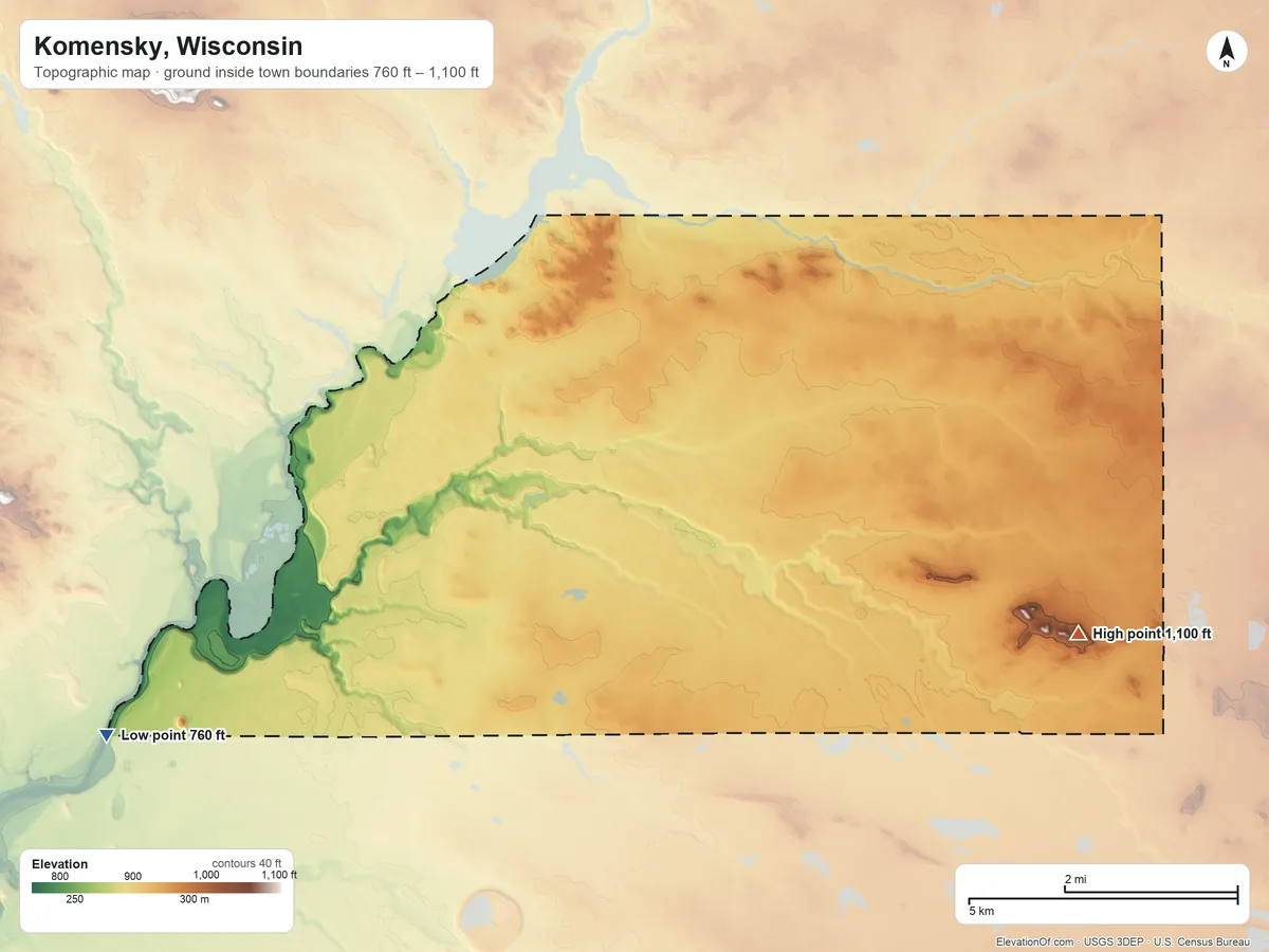 Topographic elevation map of Komensky, Wisconsin, shaded from 760 ft on the west side to 1,100 ft on the east side