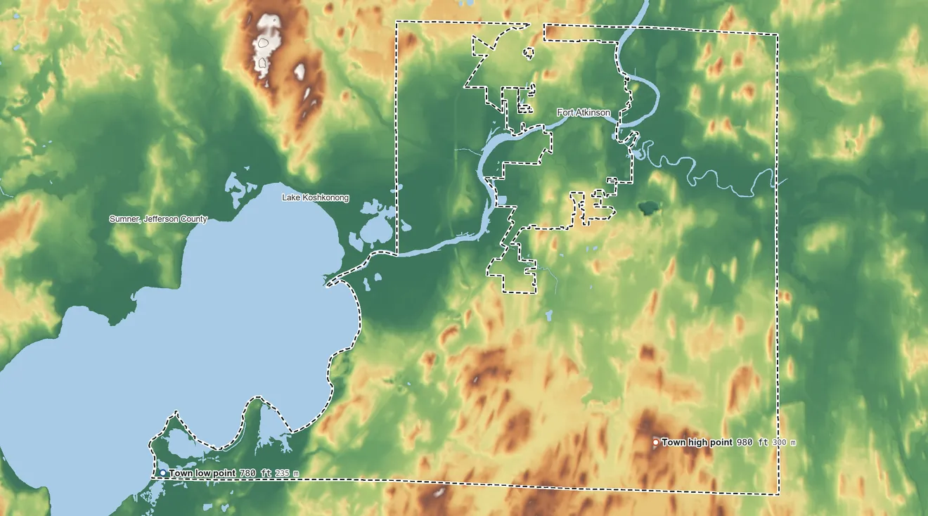 Topographic elevation map of Koshkonong, Wisconsin, shaded from 780 ft on the southwest side to 980 ft on the southeast side