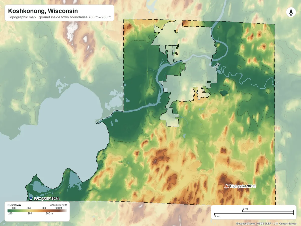 Topographic elevation map of Koshkonong, Wisconsin, shaded from 780 ft on the southwest side to 980 ft on the southeast side