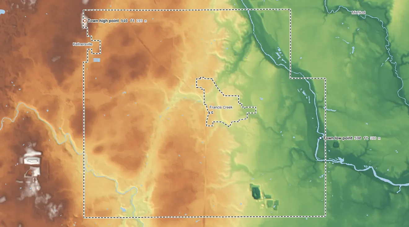 Topographic elevation map of Kossuth, Wisconsin, shaded from 590 ft on the east side to 940 ft on the northwest side