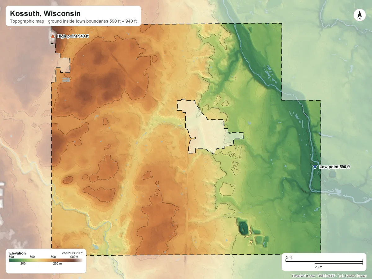 Topographic elevation map of Kossuth, Wisconsin, shaded from 590 ft on the east side to 940 ft on the northwest side