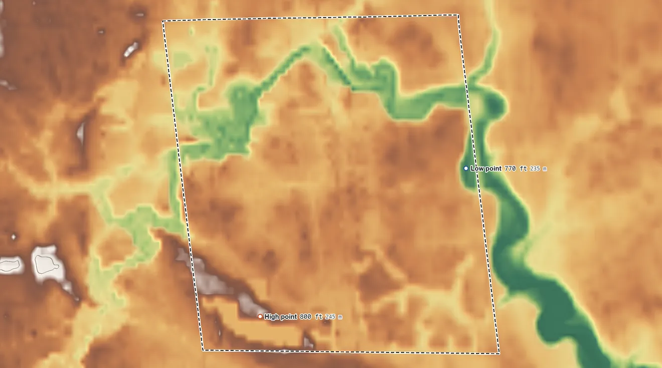 Topographic elevation map of Krakow, Wisconsin, shaded from 770 ft on the east side to 800 ft on the southwest side