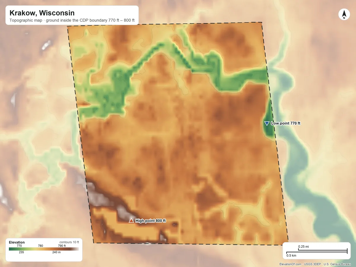 Topographic elevation map of Krakow, Wisconsin, shaded from 770 ft on the east side to 800 ft on the southwest side