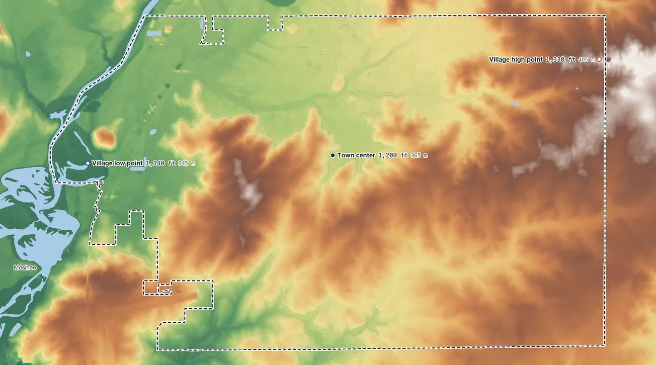 Topographic elevation map of Kronenwetter, Wisconsin, shaded from 1,140 ft on the west side to 1,330 ft on the east side