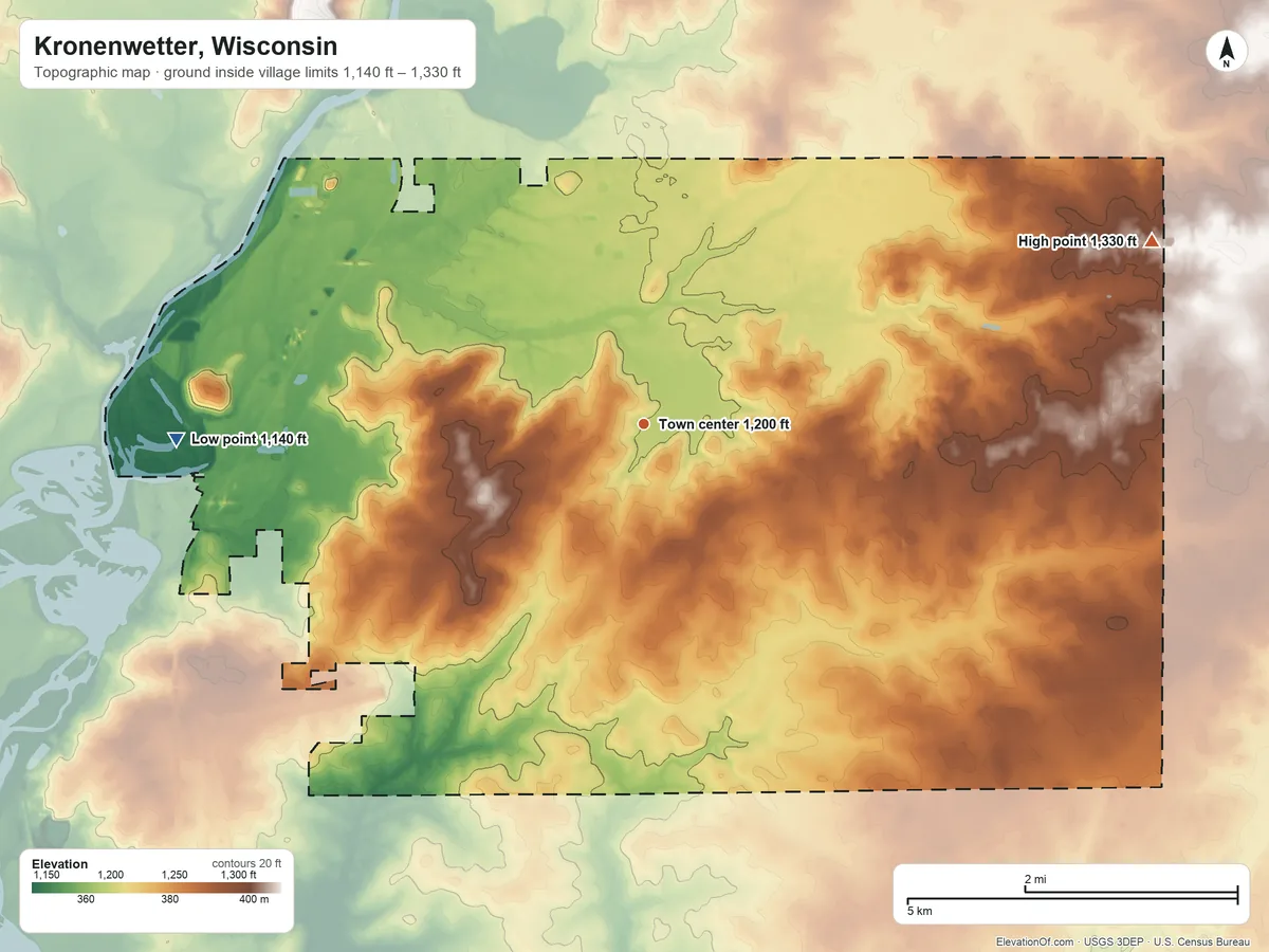 Topographic elevation map of Kronenwetter, Wisconsin, shaded from 1,140 ft on the west side to 1,330 ft on the east side