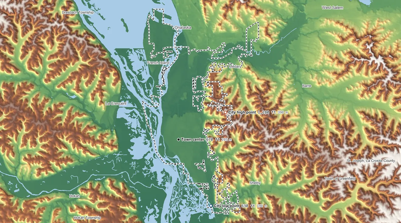 Topographic elevation map of La Crosse, Wisconsin, shaded from 630 ft on the southeast side to 1,280 ft on the northeast side