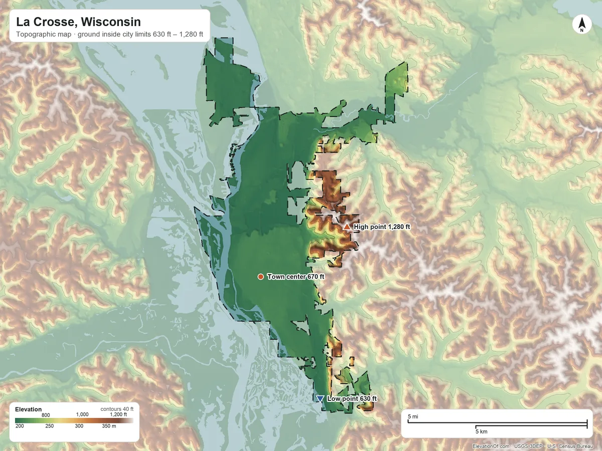 Topographic elevation map of La Crosse, Wisconsin, shaded from 630 ft on the southeast side to 1,280 ft on the northeast side