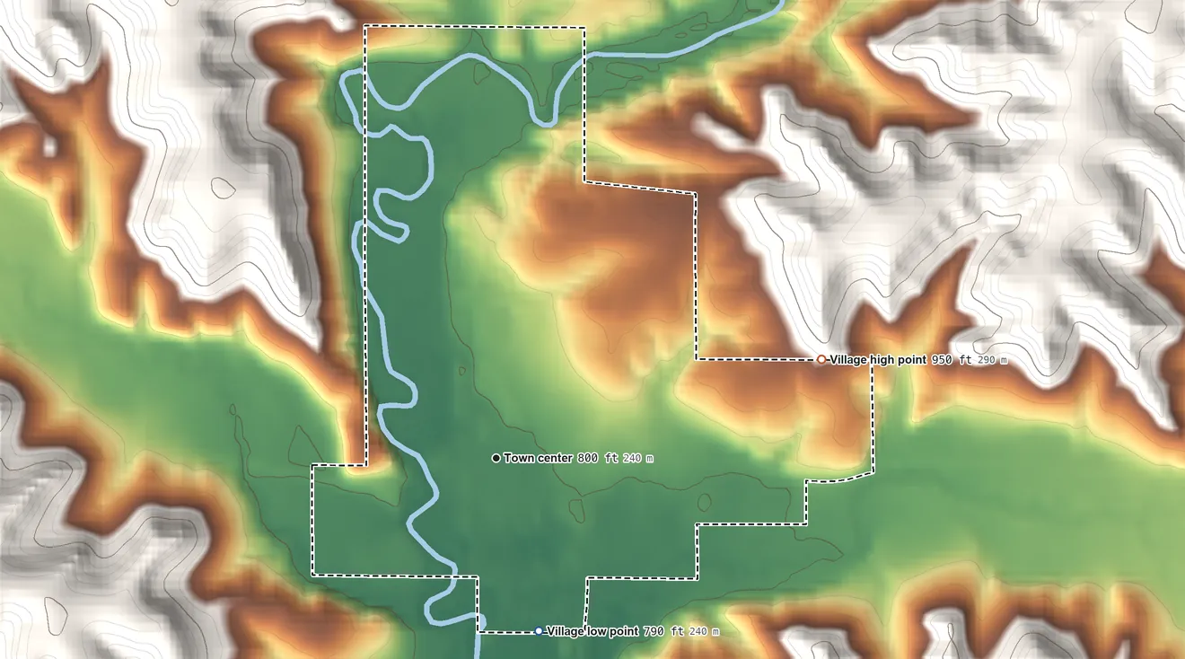 Topographic elevation map of La Farge, Wisconsin, shaded from 790 ft on the south side to 950 ft on the east side