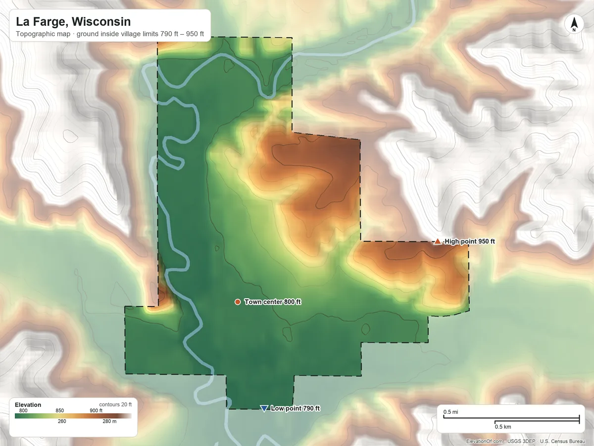 Topographic elevation map of La Farge, Wisconsin, shaded from 790 ft on the south side to 950 ft on the east side