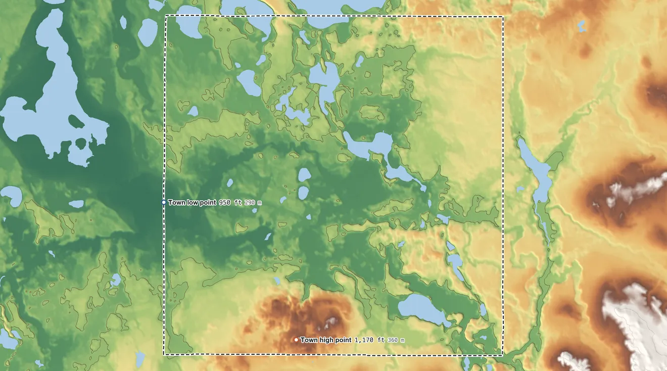 Topographic elevation map of La Follette, Wisconsin, shaded from 950 ft on the southwest side to 1,170 ft on the south side