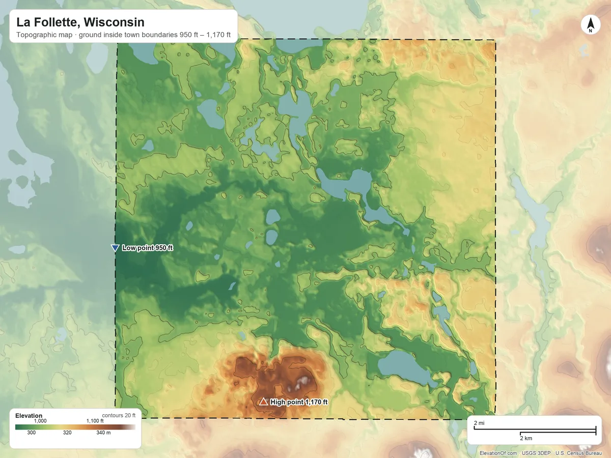 Topographic elevation map of La Follette, Wisconsin, shaded from 950 ft on the southwest side to 1,170 ft on the south side