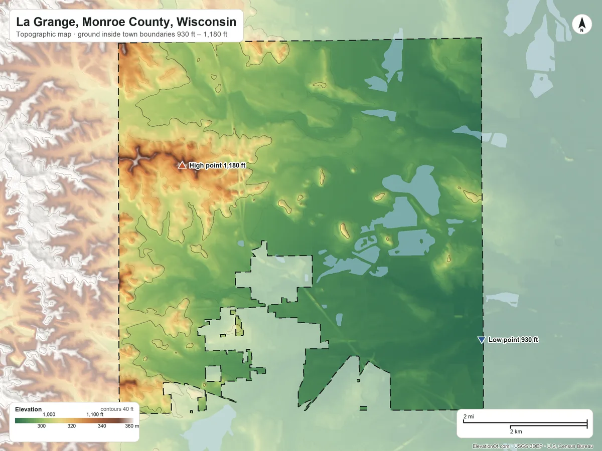 Topographic elevation map of La Grange, Monroe County, Wisconsin, shaded from 930 ft on the southeast side to 1,180 ft on the northwest side