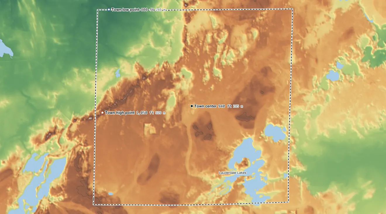 Topographic elevation map of La Grange, Wisconsin, shaded from 800 ft on the northwest side to 1,050 ft on the west side