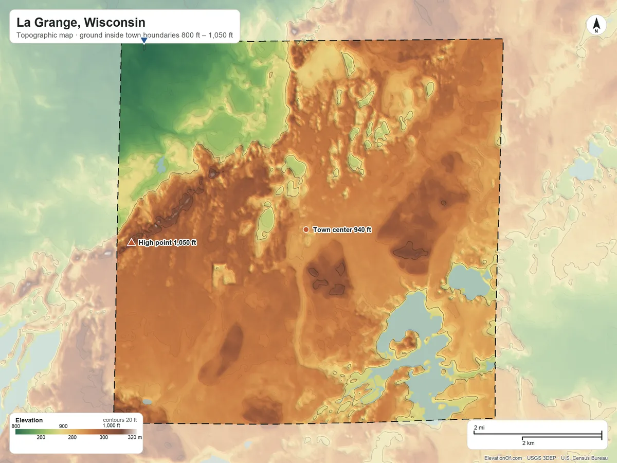 Topographic elevation map of La Grange, Wisconsin, shaded from 800 ft on the northwest side to 1,050 ft on the west side