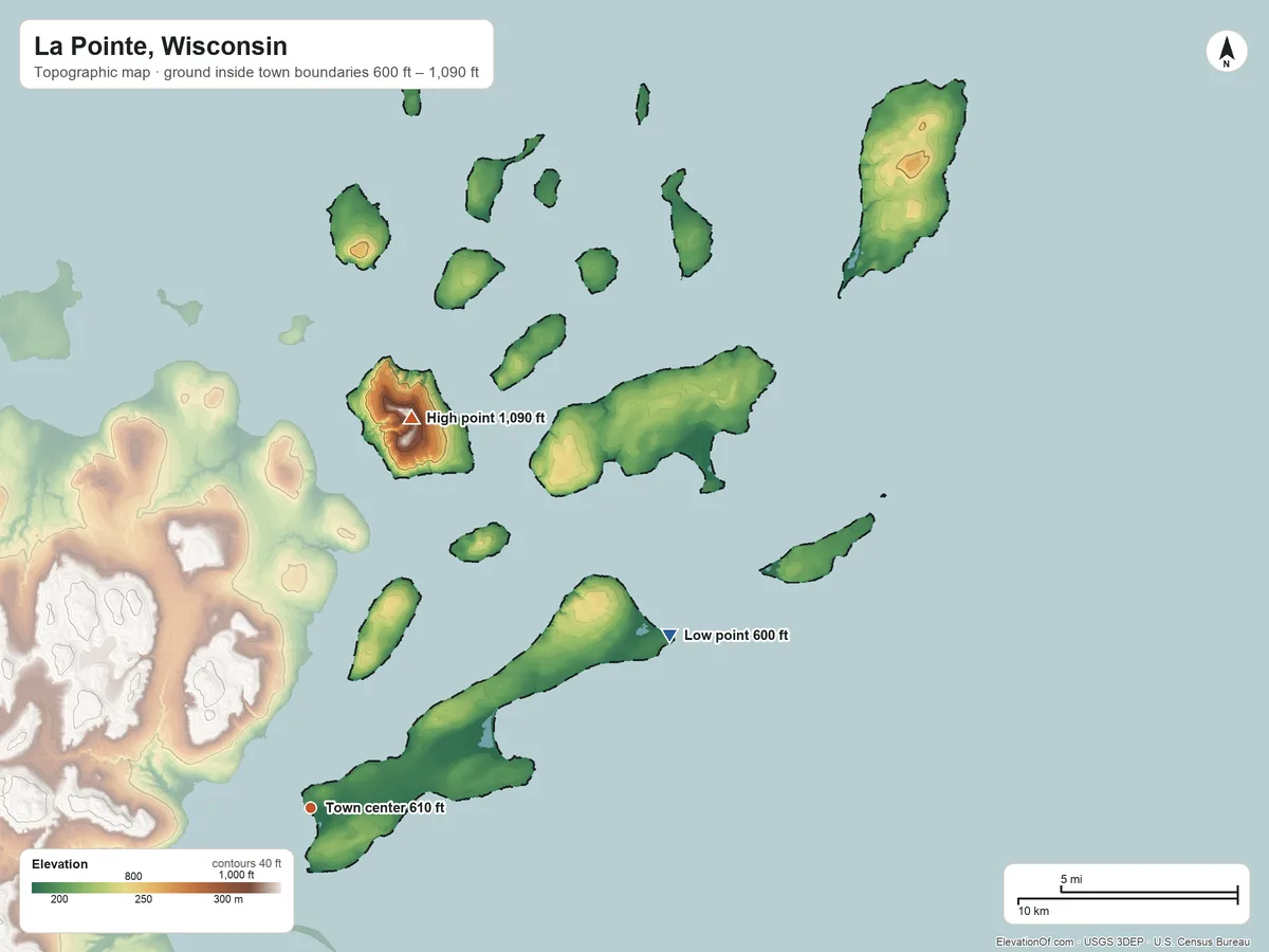 Topographic elevation map of La Pointe, Wisconsin, shaded from 600 ft on the northeast side to 1,090 ft on the north side