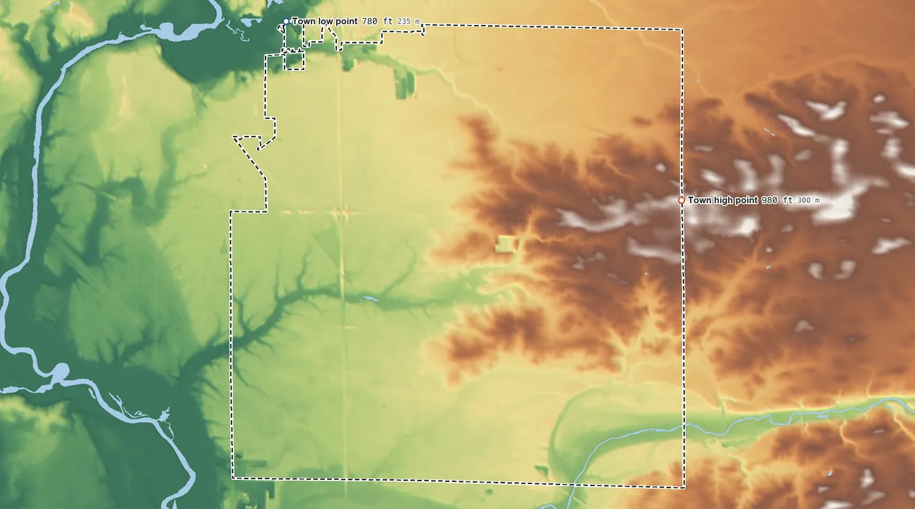 Topographic elevation map of La Prairie, Wisconsin, shaded from 780 ft on the northwest side to 980 ft on the east side