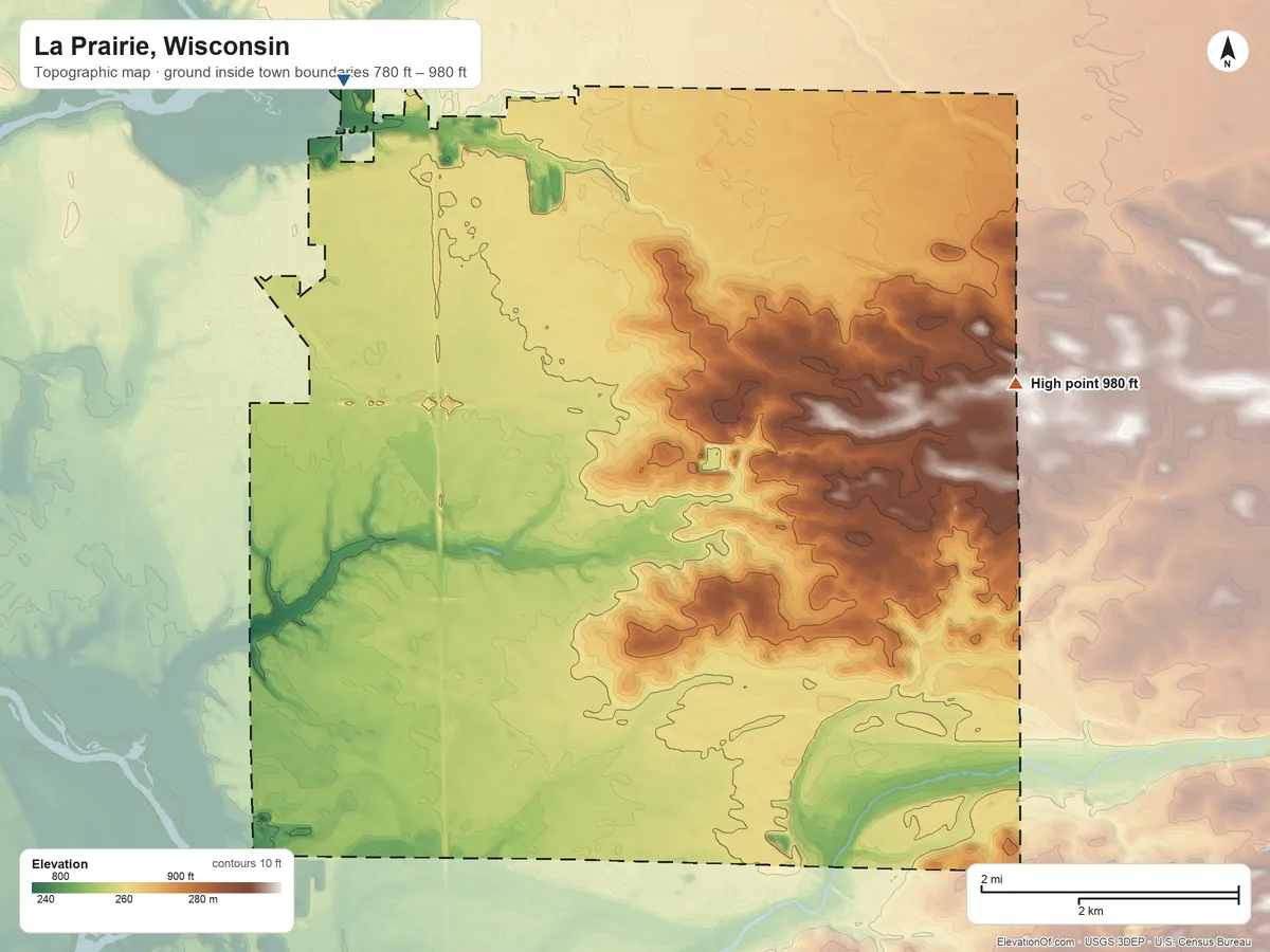 Topographic elevation map of La Prairie, Wisconsin, shaded from 780 ft on the northwest side to 980 ft on the east side