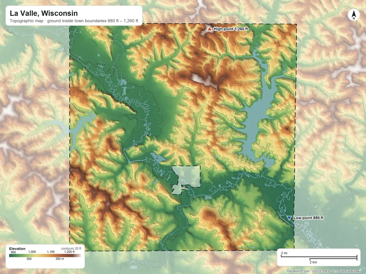 Topographic elevation map of La Valle, Wisconsin, shaded from 880 ft on the southeast side to 1,260 ft on the north side