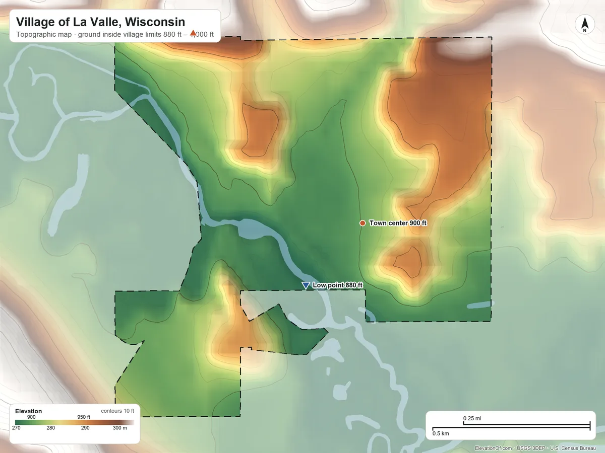 Topographic elevation map of Village of La Valle, Wisconsin, shaded from 880 ft on the southwest side to 1,000 ft on the northwest side