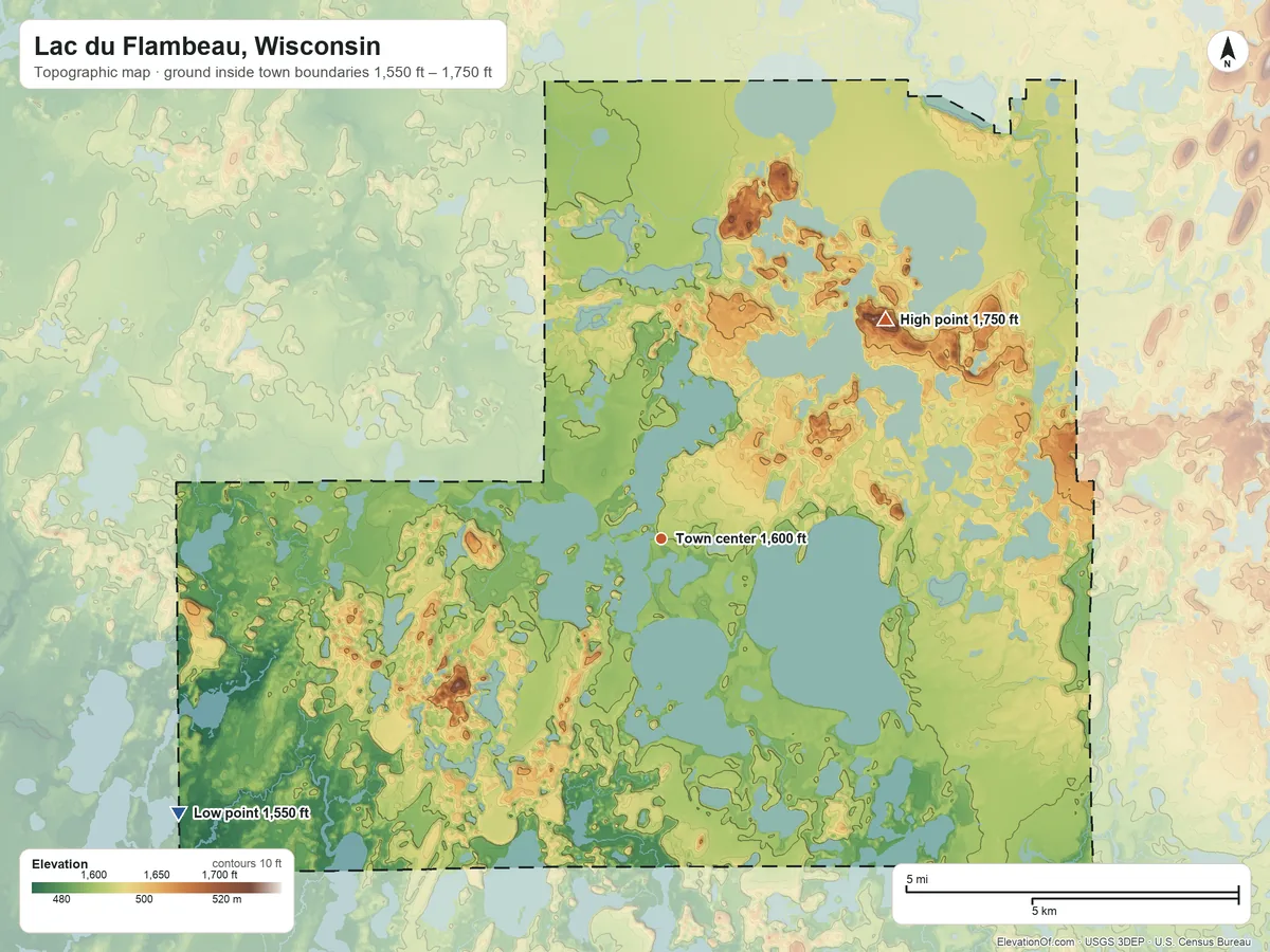 Topographic elevation map of Lac du Flambeau, Wisconsin, shaded from 1,550 ft on the southwest side to 1,750 ft on the northeast side