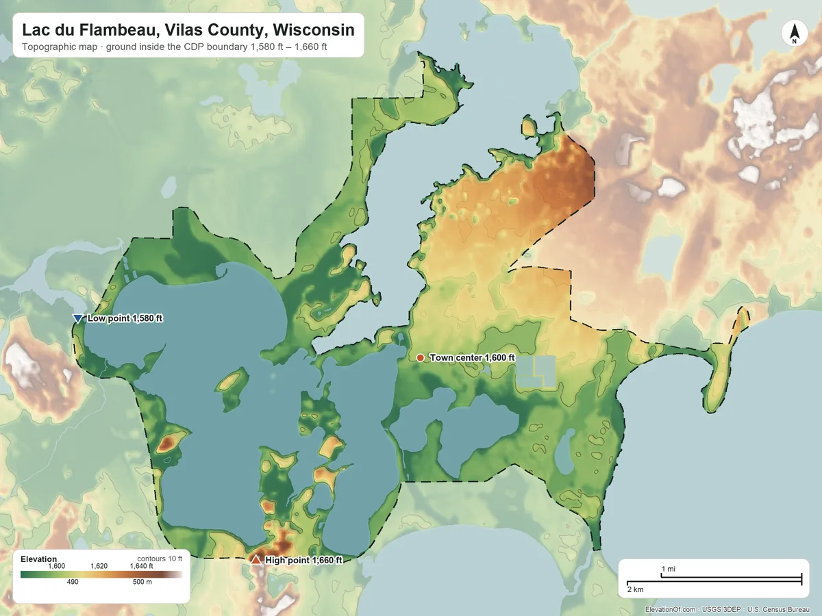 Topographic elevation map of Lac du Flambeau, Vilas County, Wisconsin, shaded from 1,580 ft on the west side to 1,660 ft on the southwest side