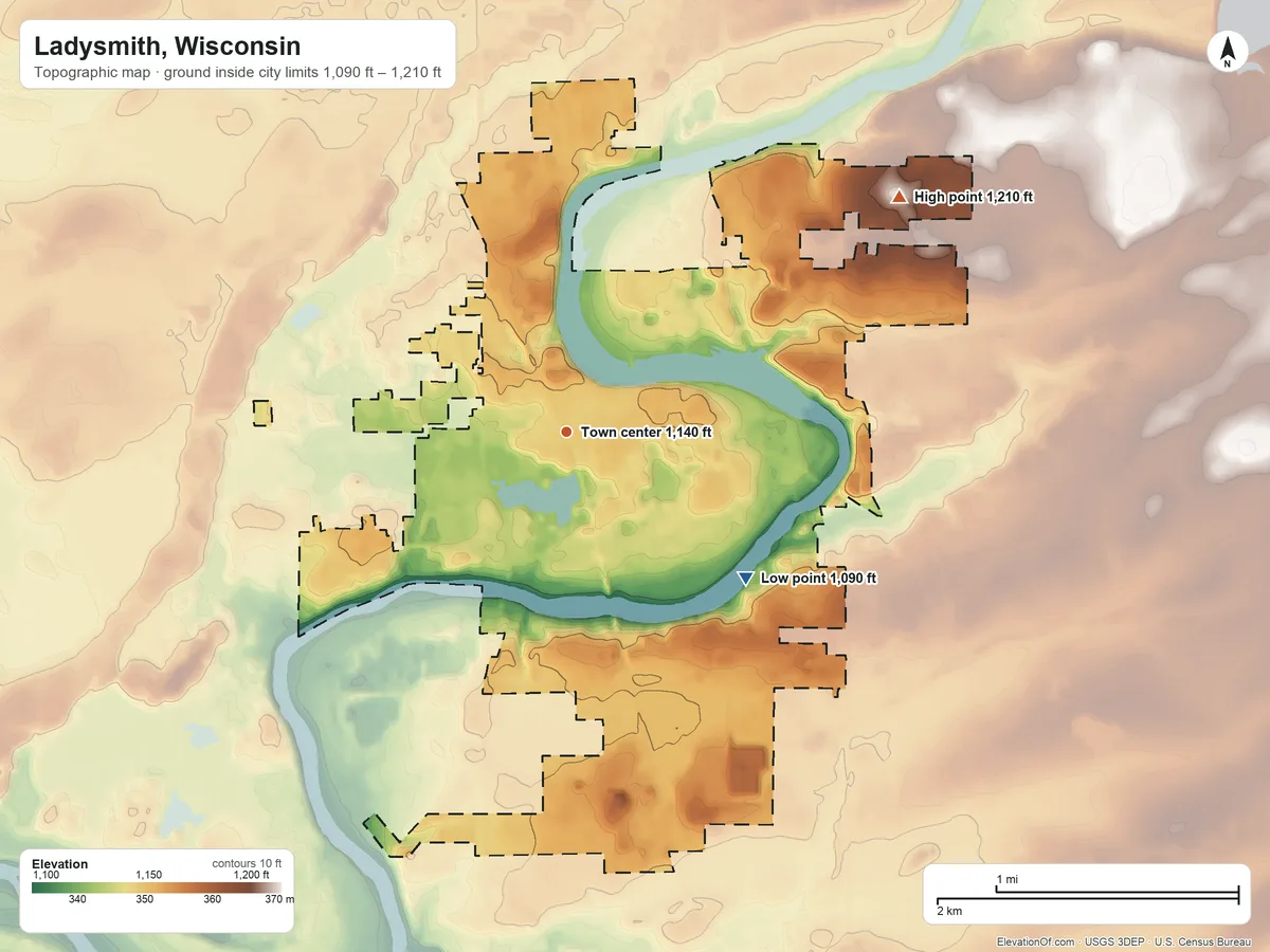 Topographic elevation map of Ladysmith, Wisconsin, shaded from 1,090 ft on the southeast side to 1,210 ft on the northeast side