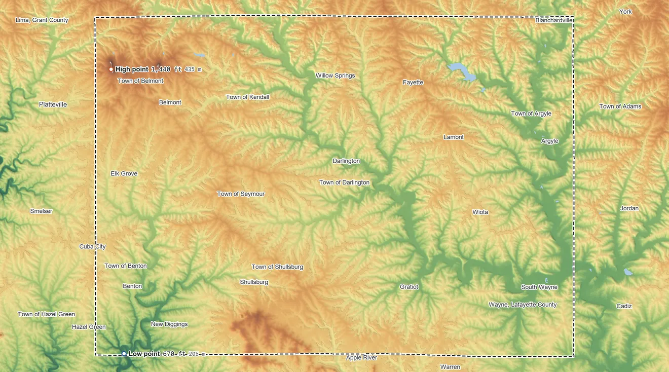 Topographic elevation map of Lafayette County, Wisconsin, shaded from 670 ft on the southwest side to 1,440 ft on Platte Mounds