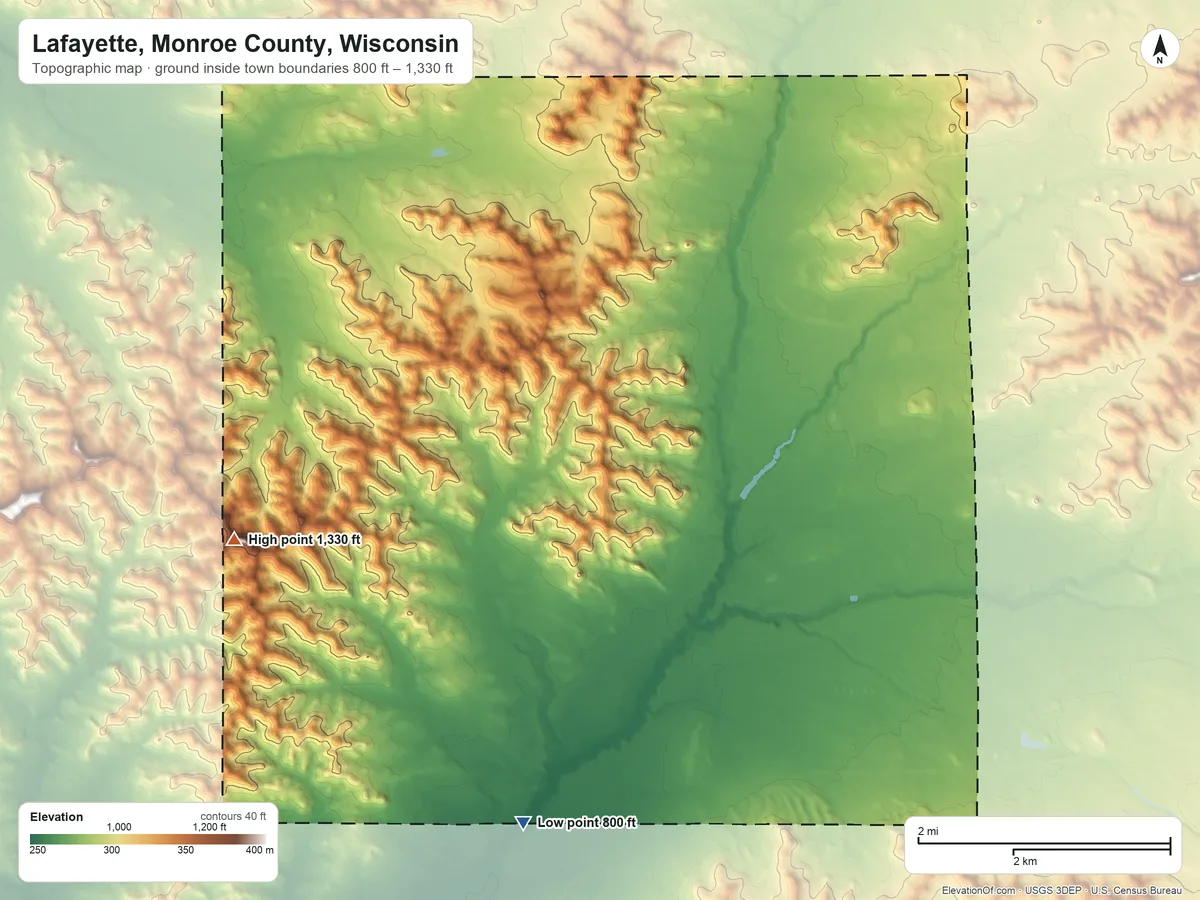 Topographic elevation map of Lafayette, Monroe County, Wisconsin, shaded from 800 ft on the south side to 1,330 ft on the west side