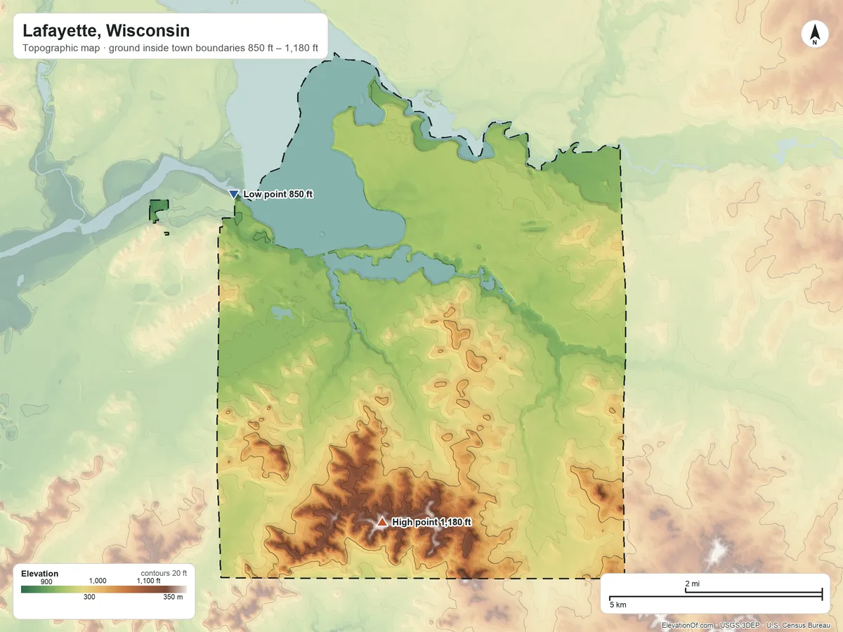 Topographic elevation map of Lafayette, Wisconsin, shaded from 850 ft on the northwest side to 1,180 ft on the south side