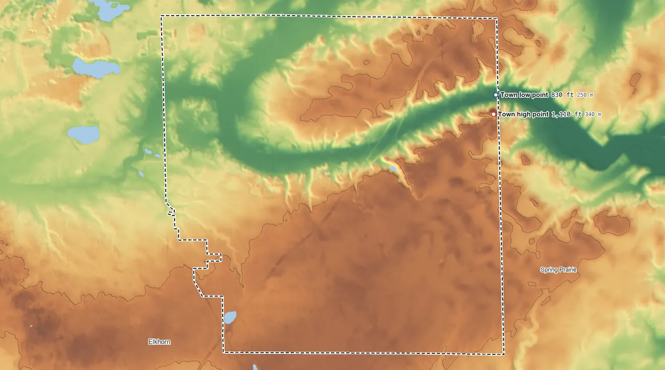 Topographic elevation map of Lafayette, Walworth County, Wisconsin, shaded from 830 ft on the east side to 1,110 ft on the east side
